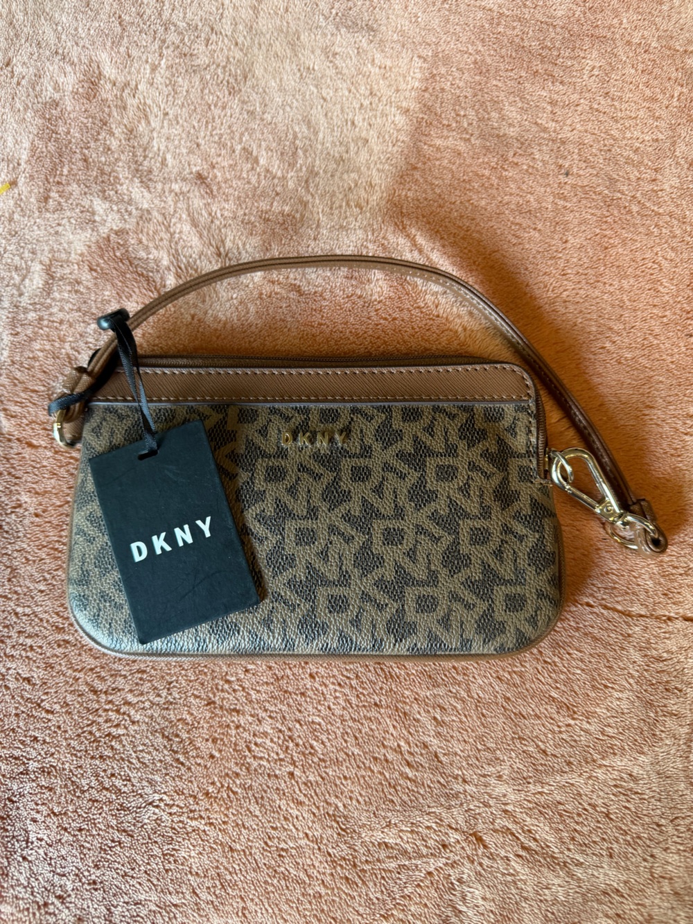DKNY Brown Monogram Wristlet Clutch